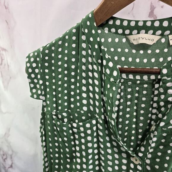 Anthropologie Top Womens XS Green White Tank Polka Dot Blouse Notch Popover - Picture 2 of 9
